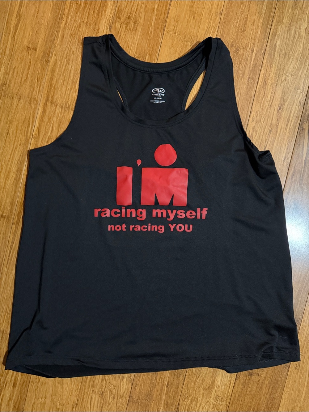 Athletic Works Black Racerback Tank with Red Ironman like Graphic